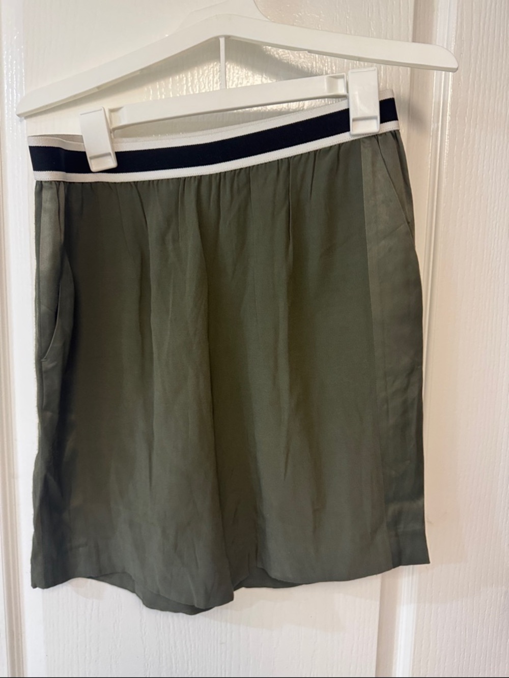 Sandro Olive Green A-Line Skirt with Navy & White Striped Waistband